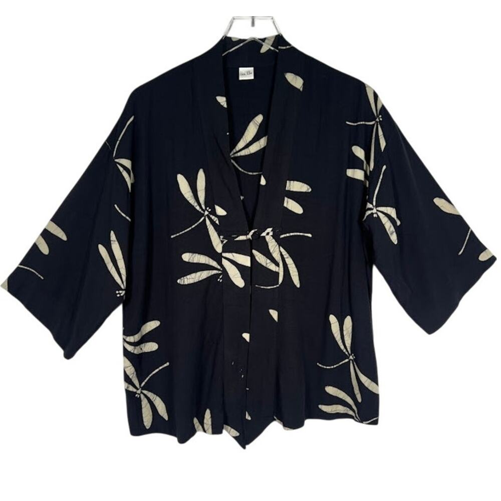 Van Klee Women's Printed Kimono Top L/XL Black Cream Knot Button 3/4 Sleeve